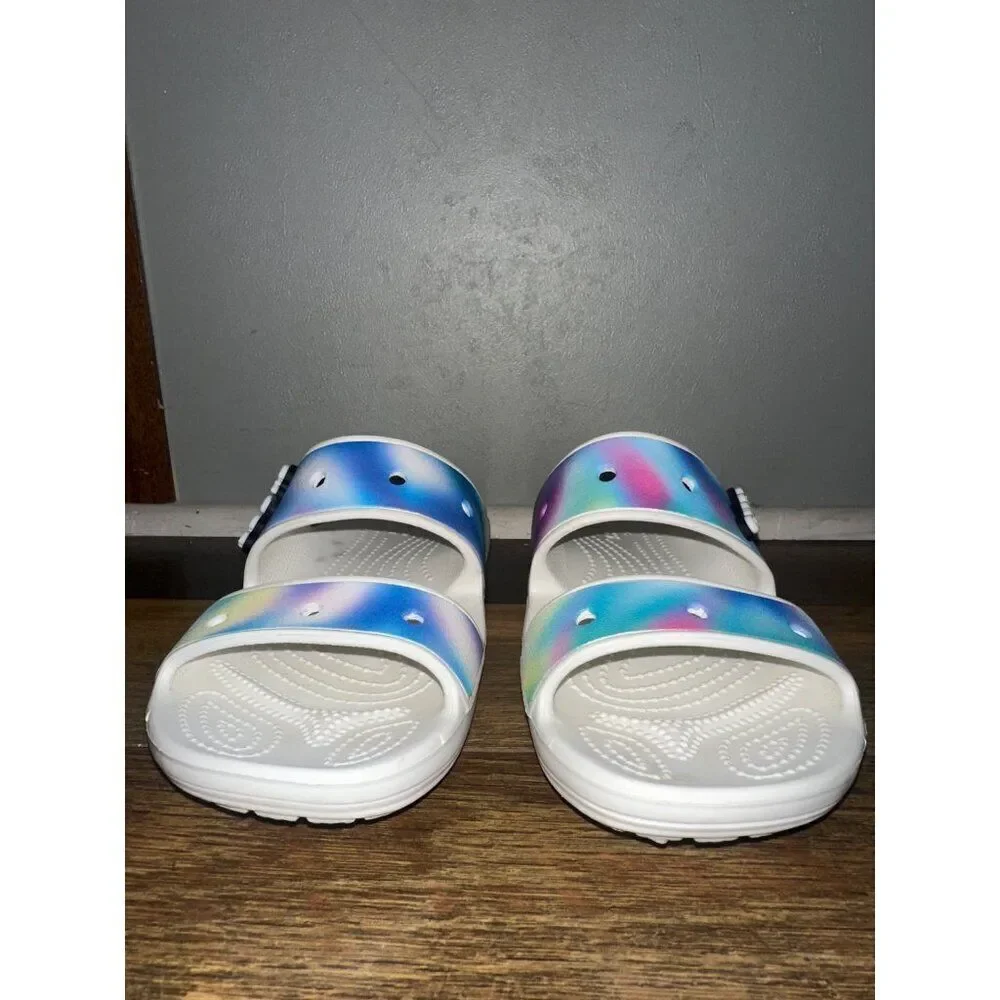 CROCS White Slide Sandals with Rainbow Gradient Straps